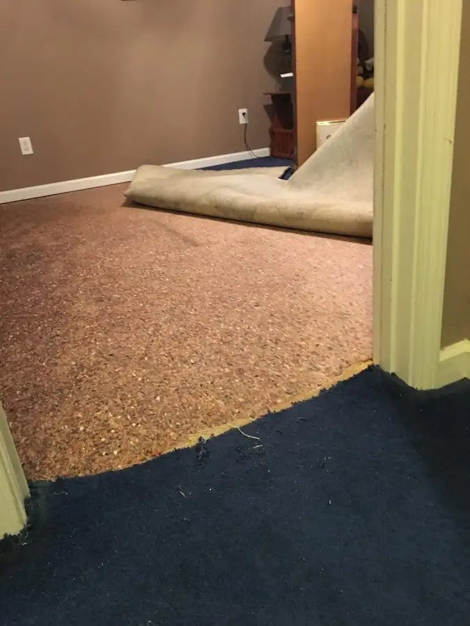 Carpet pad removal revealing water damage during Water Mitigation Services in Minden